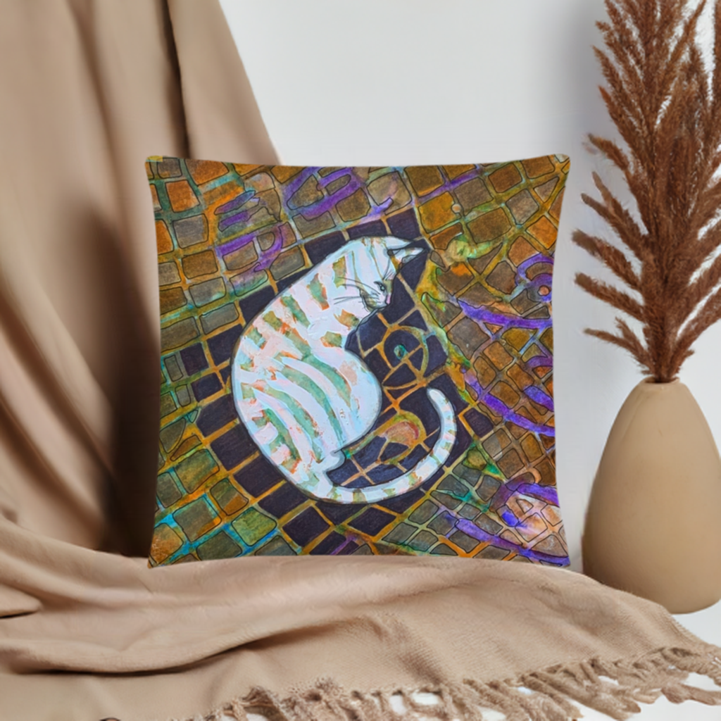 Cat Bricks Pillow with colorful cat artwork by Joy Calonico, soft machine-washable case and shape-retaining polyester insert.