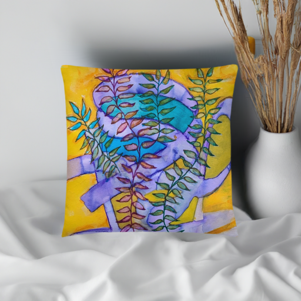 Copper Hour Leaves decorative pillow with colorful leaf artwork by Joy Calonico on a yellow background