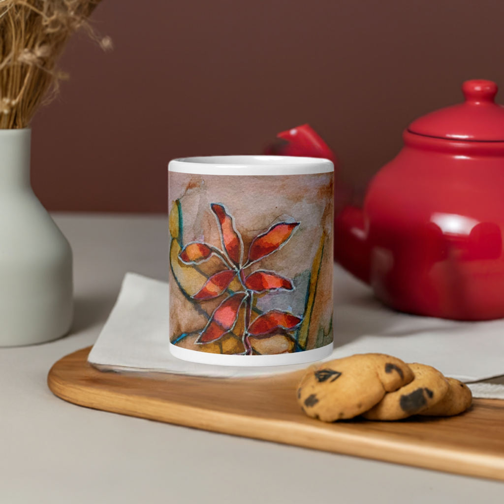 Red Leaves Abstract White Glossy Mug