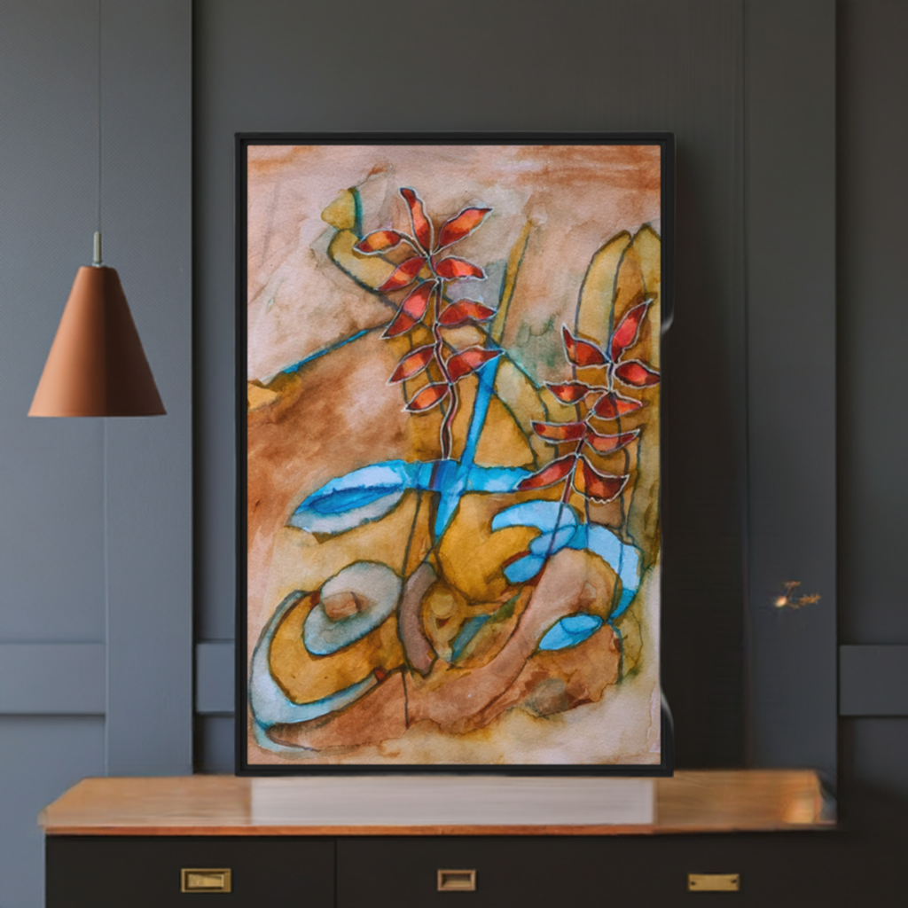 Teal Ribbon Leaves Abstract Framed Canvas