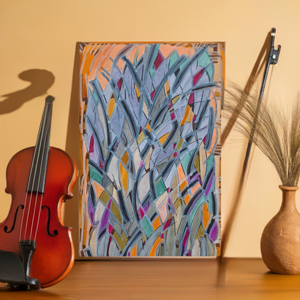 Sydney Opera Abstract canvas print by Joy Calonico leaning on a wall with violin and vase on wooden surface