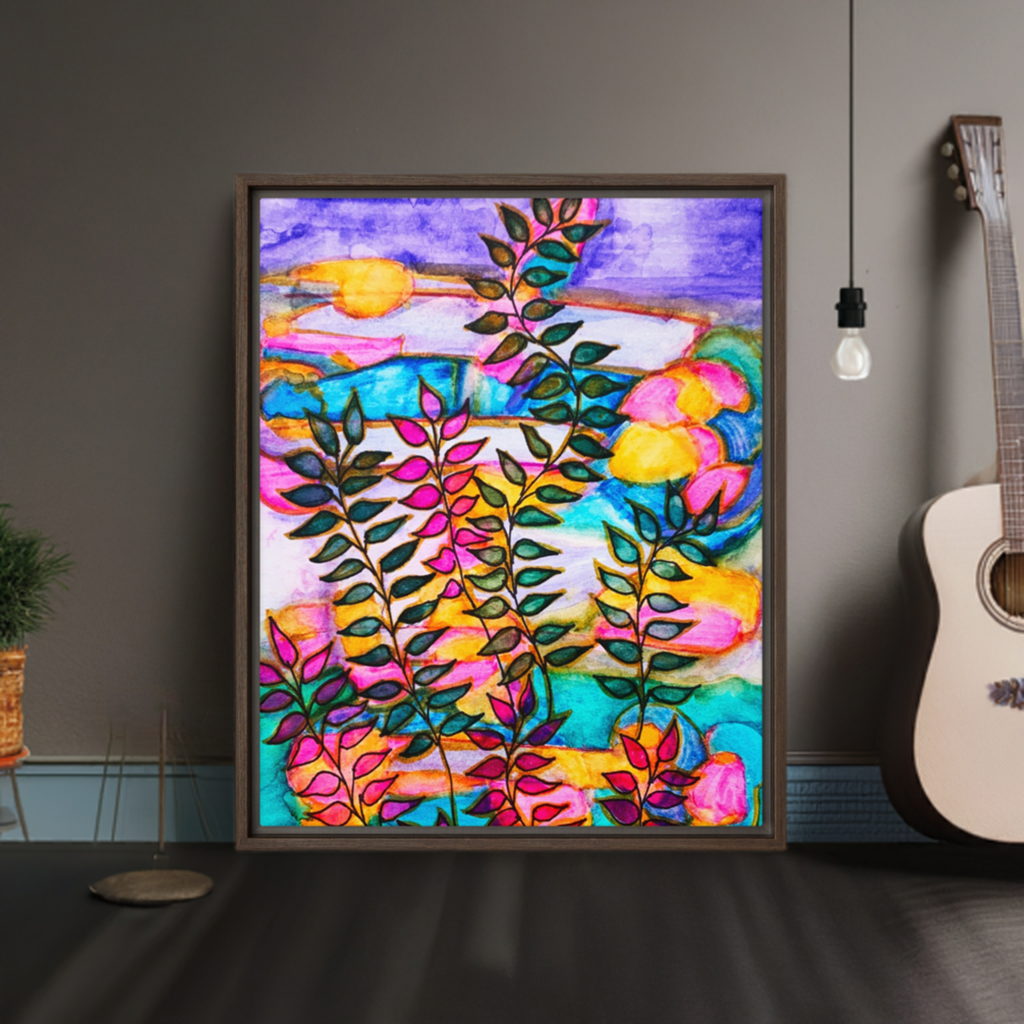 Neon Leaves Framed Canvas