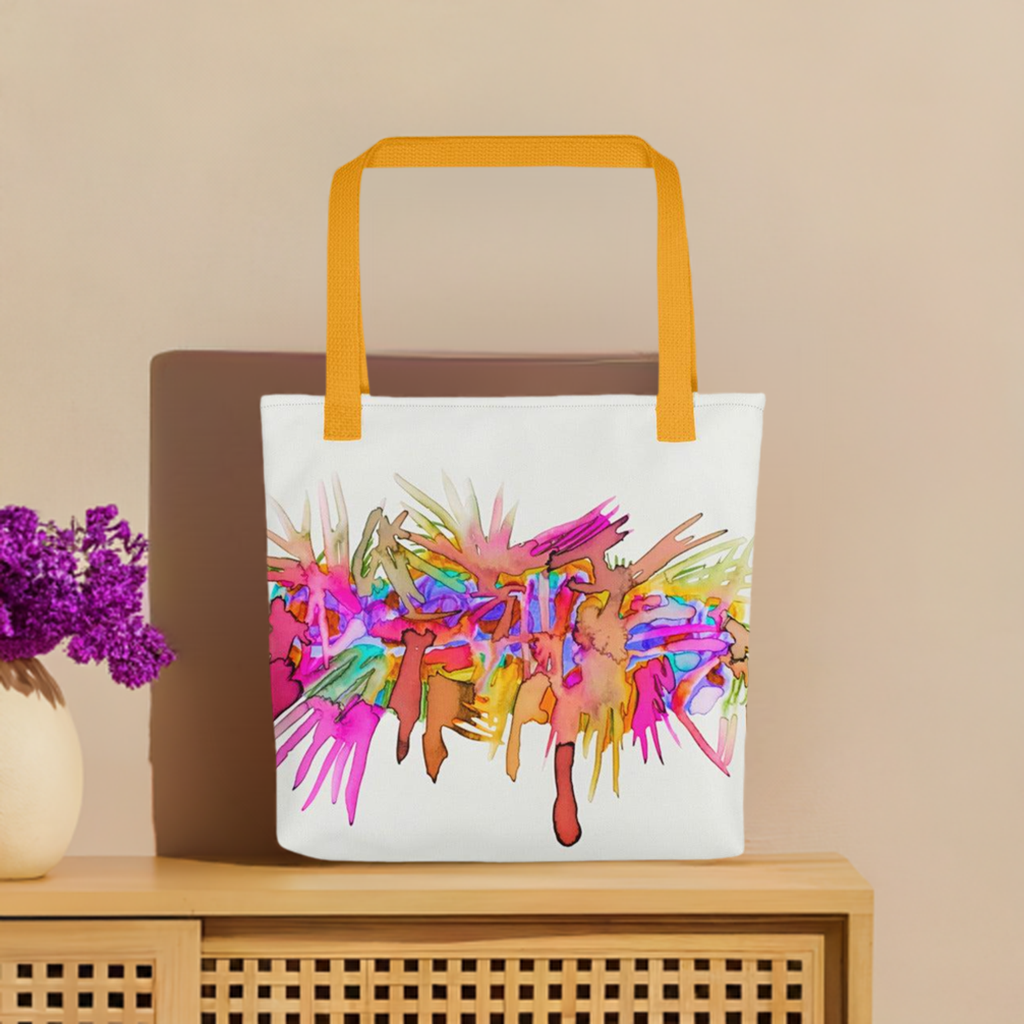 Caterpillar Abstract Tote Bag with colorful abstract artwork and orange handles on wooden surface