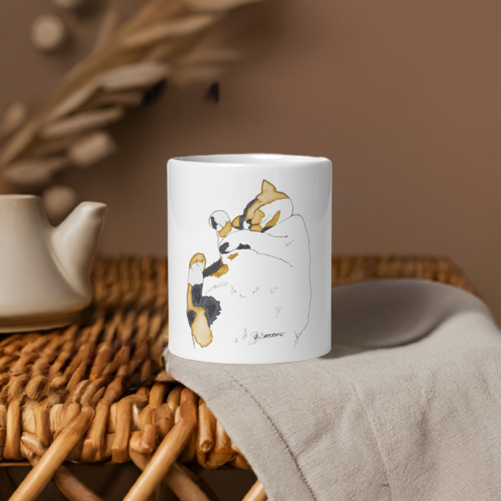 Ceramic napping cat mug with illustration by Joy Calonico, microwave and dishwasher safe