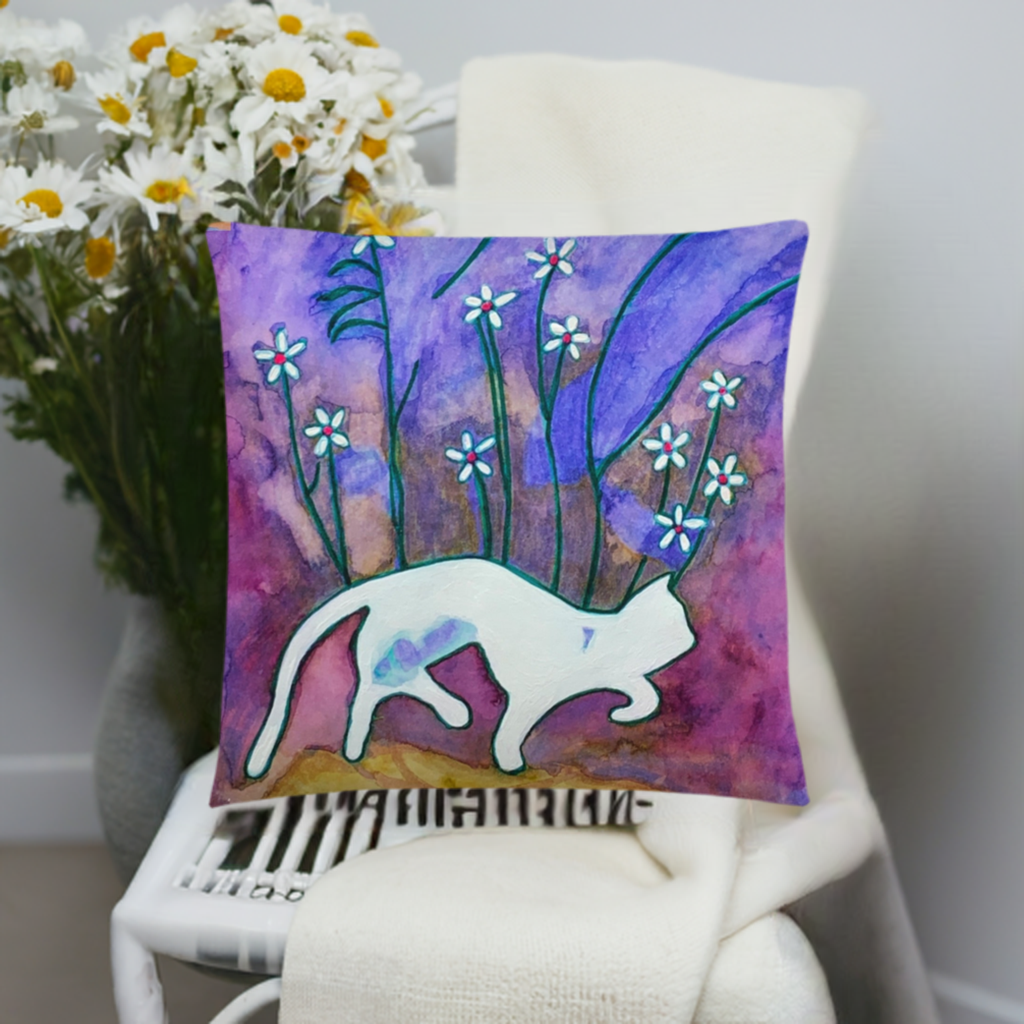 Sneaky Cat Pillow with whimsical cat and floral artwork on purple background, soft polyester, machine-washable case, shape-retaining insert.