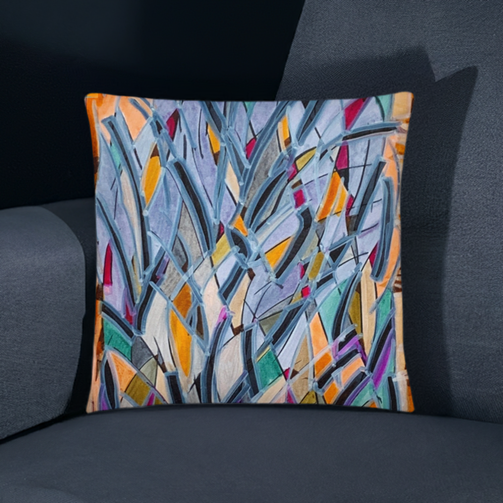 Sydney Opera Abstract Throw Pillow with colorful geometric design on gray couch
