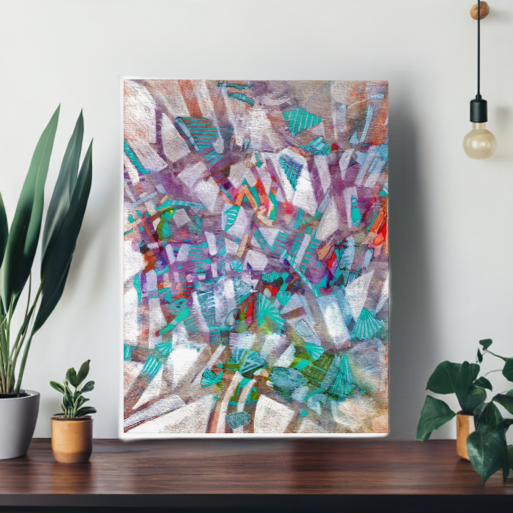 Rising Fog Abstract framed canvas print with colorful geometric shapes by Joy Calonico displayed on wall above wooden table with plants