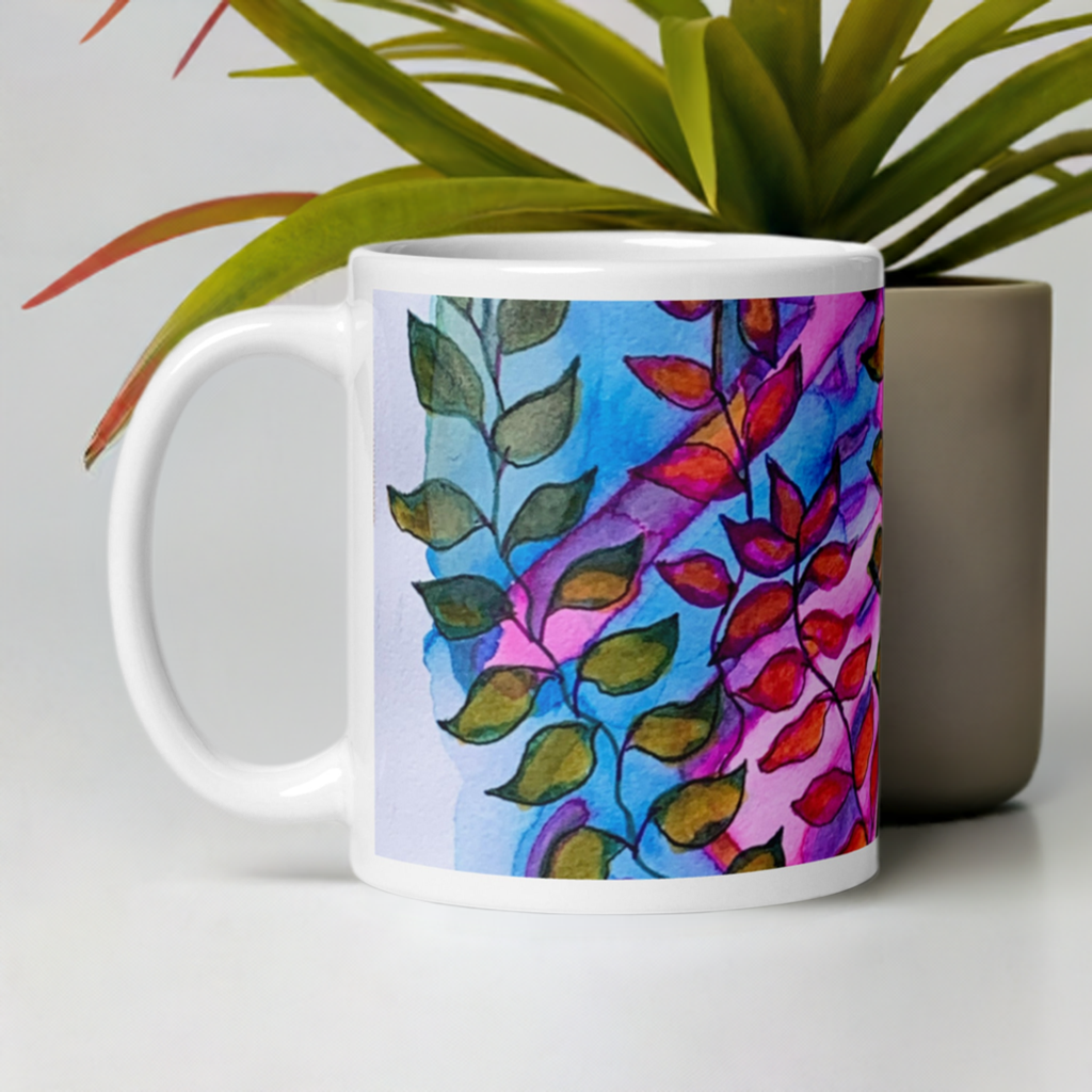 Pink Leaves White glossy mug