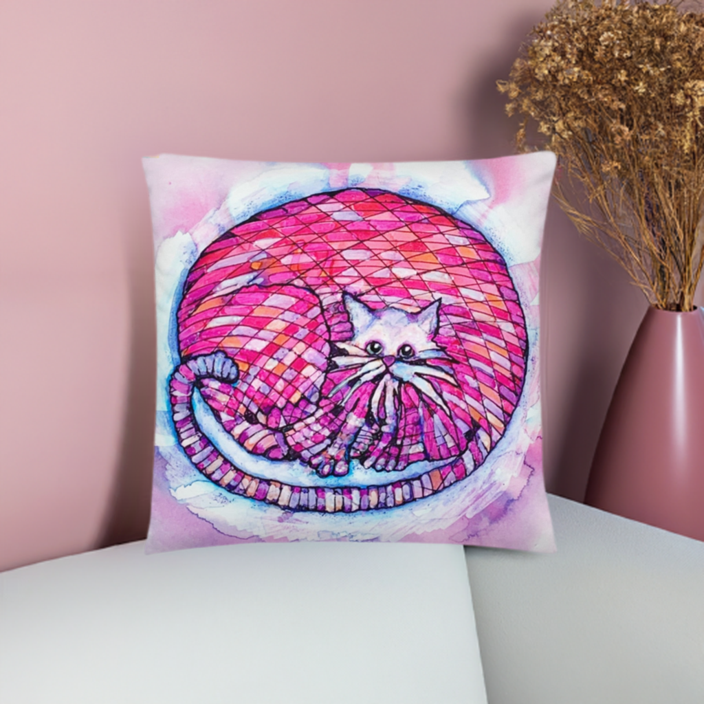 Big Pink Cat Pillow with colorful geometric cat artwork by Joy Calonico, soft machine-washable polyester case and insert.