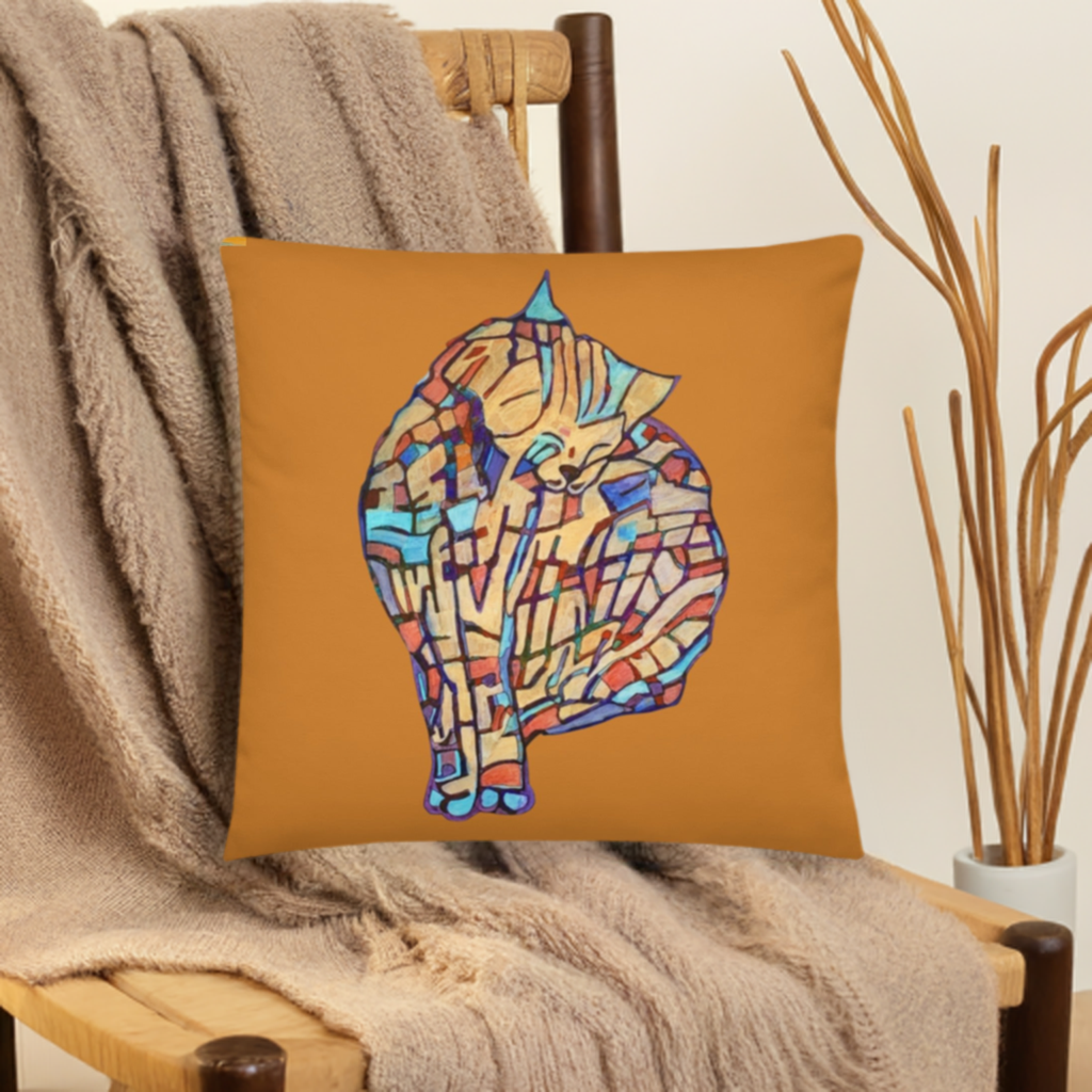 Sitting Pretty Cat Pillow with colorful geometric cat design on orange background, soft polyester fabric, machine-washable cover, decorative accent cushion.