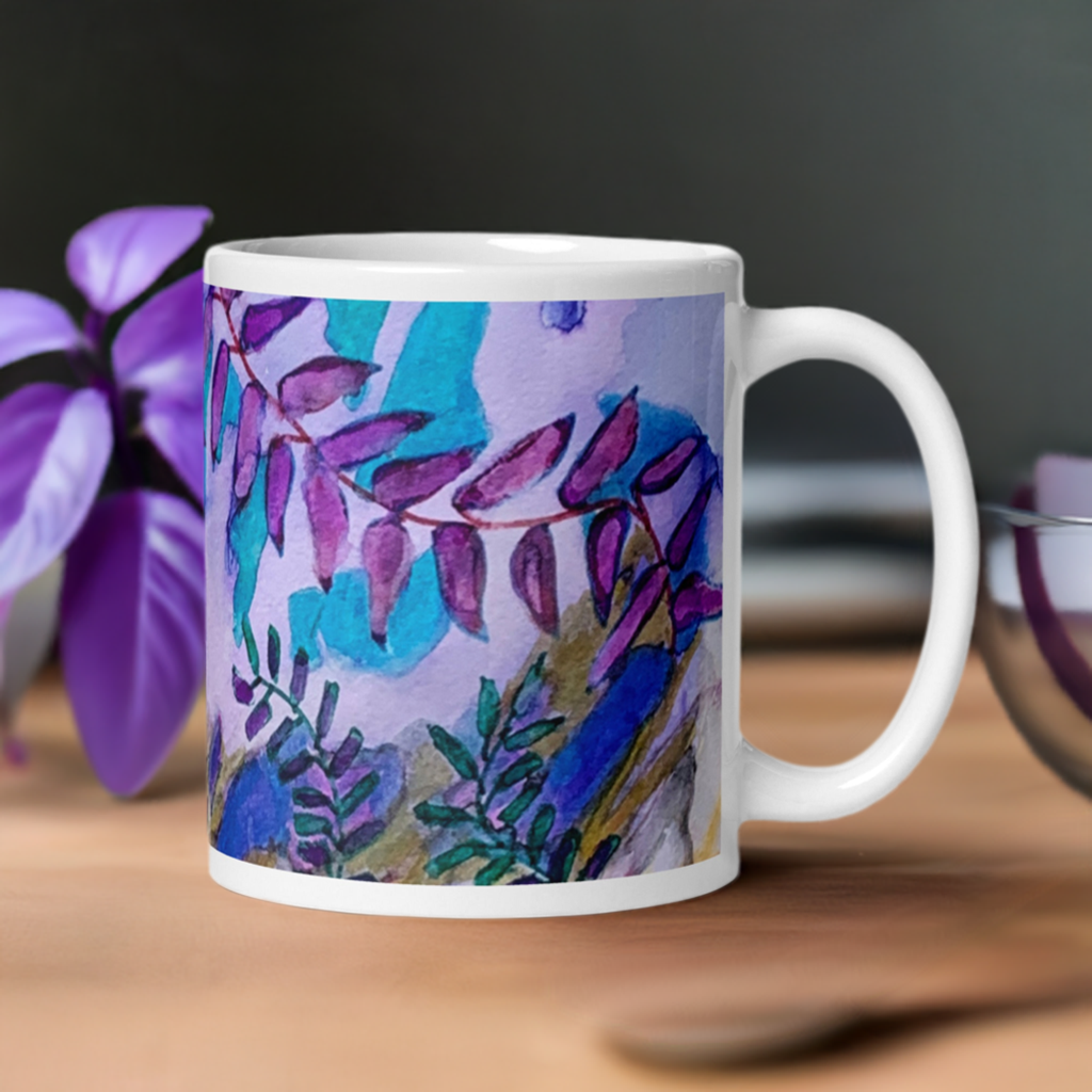 Blue Rock Leaves Abstract White glossy mug