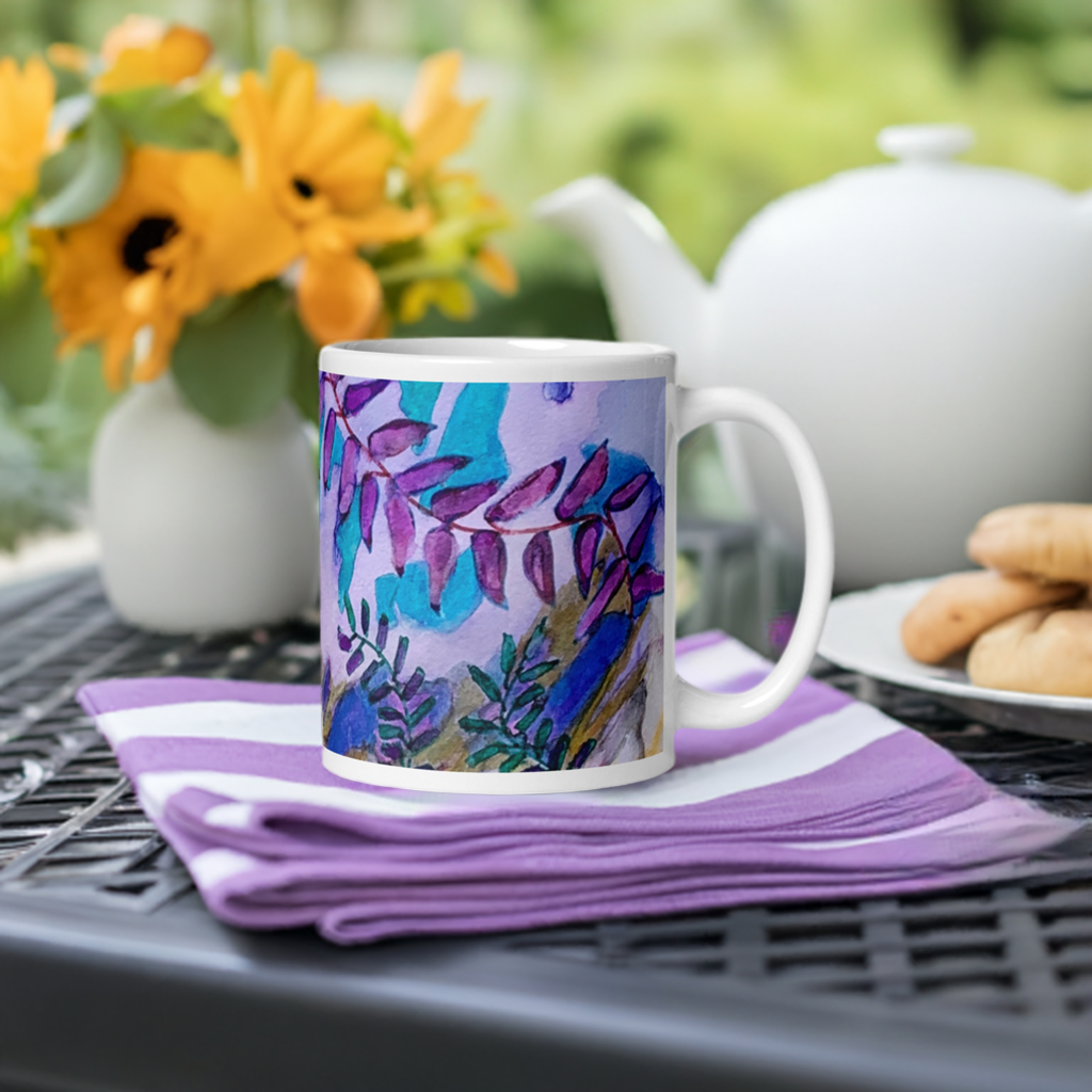 Blue Rock Leaves Abstract White glossy mug