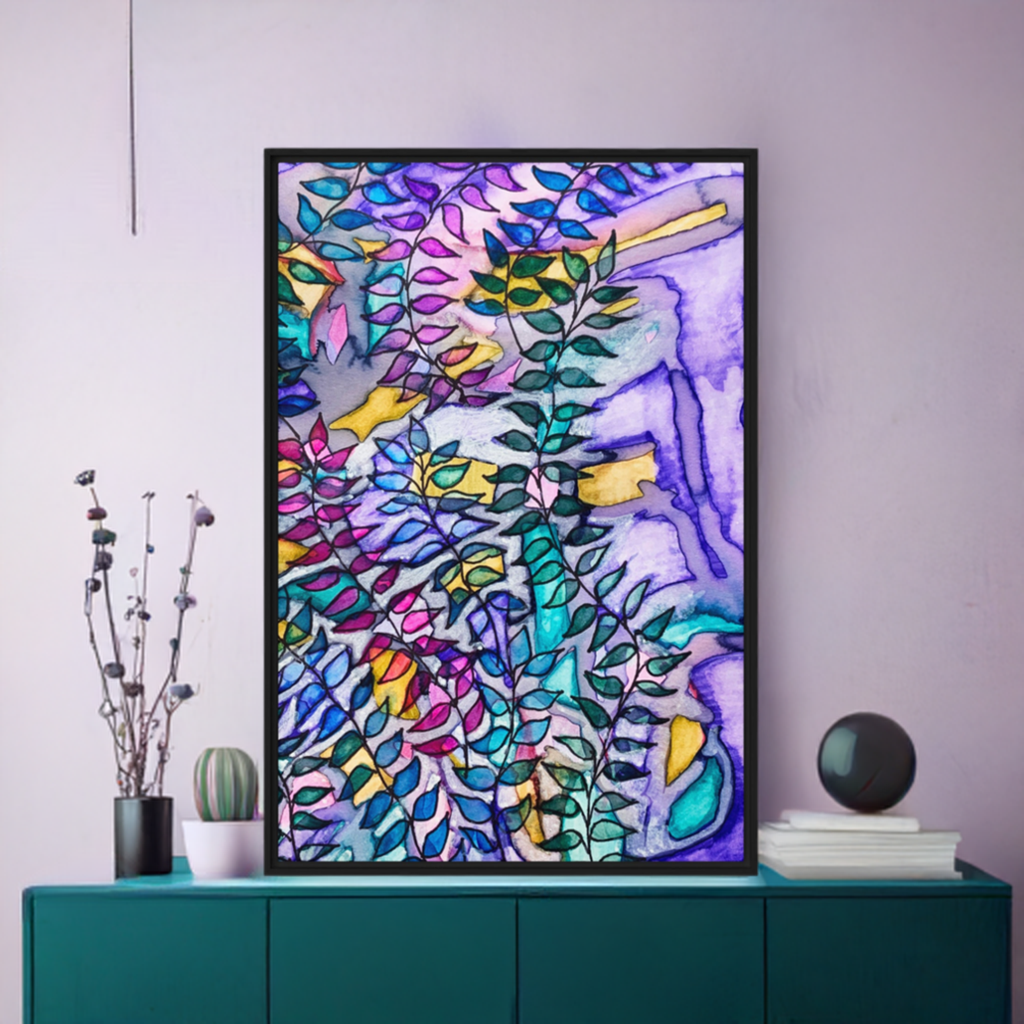 Purple Creek Leaves Framed Canvas