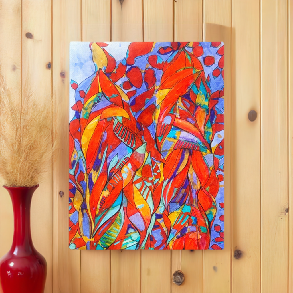 Red Garden Abstract colorful thin canvas print by Joy Calonico on wooden wall with built-in mounts and rubber pads