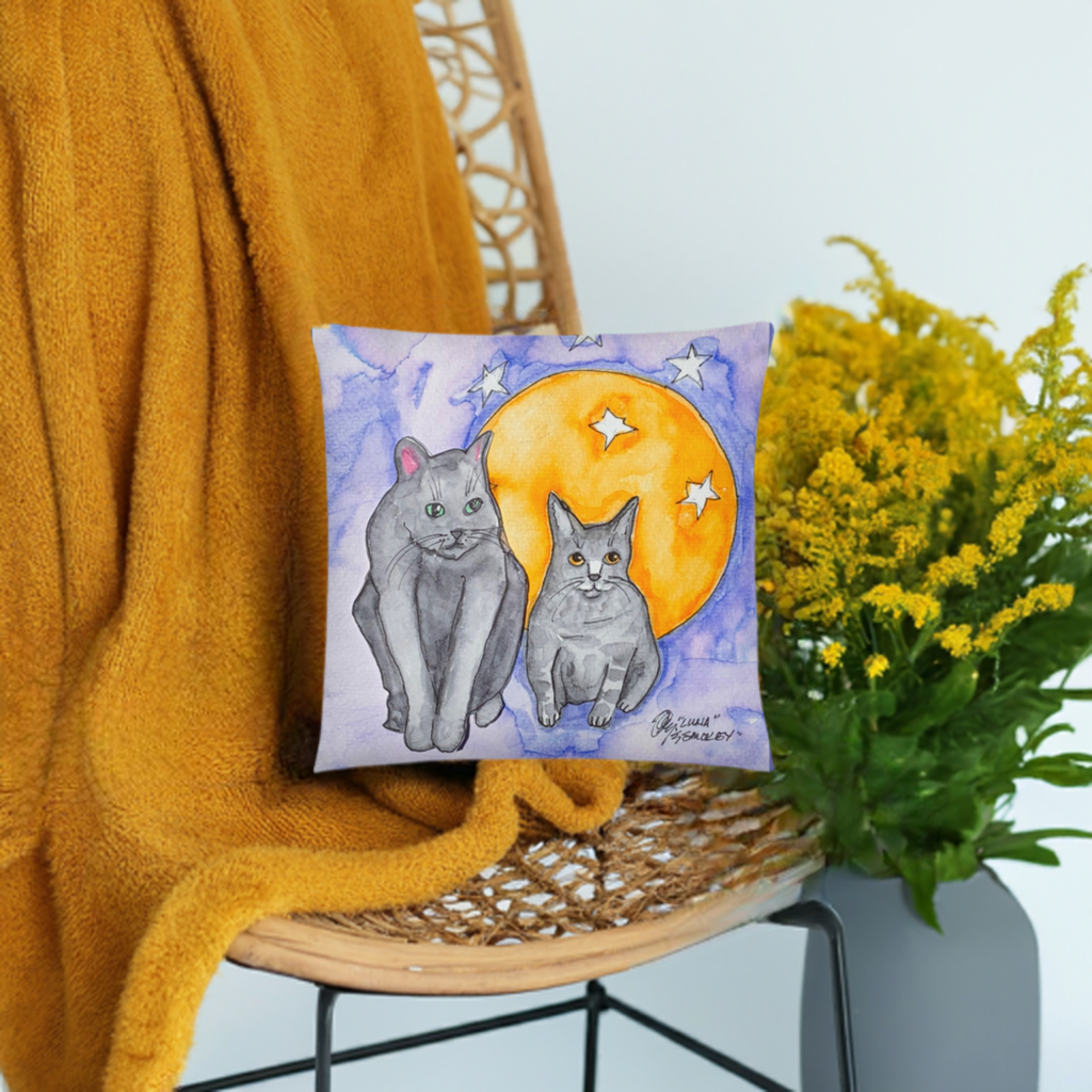 Cats Moon Pillow with two cats and a moon illustration on a soft, machine-washable polyester case.