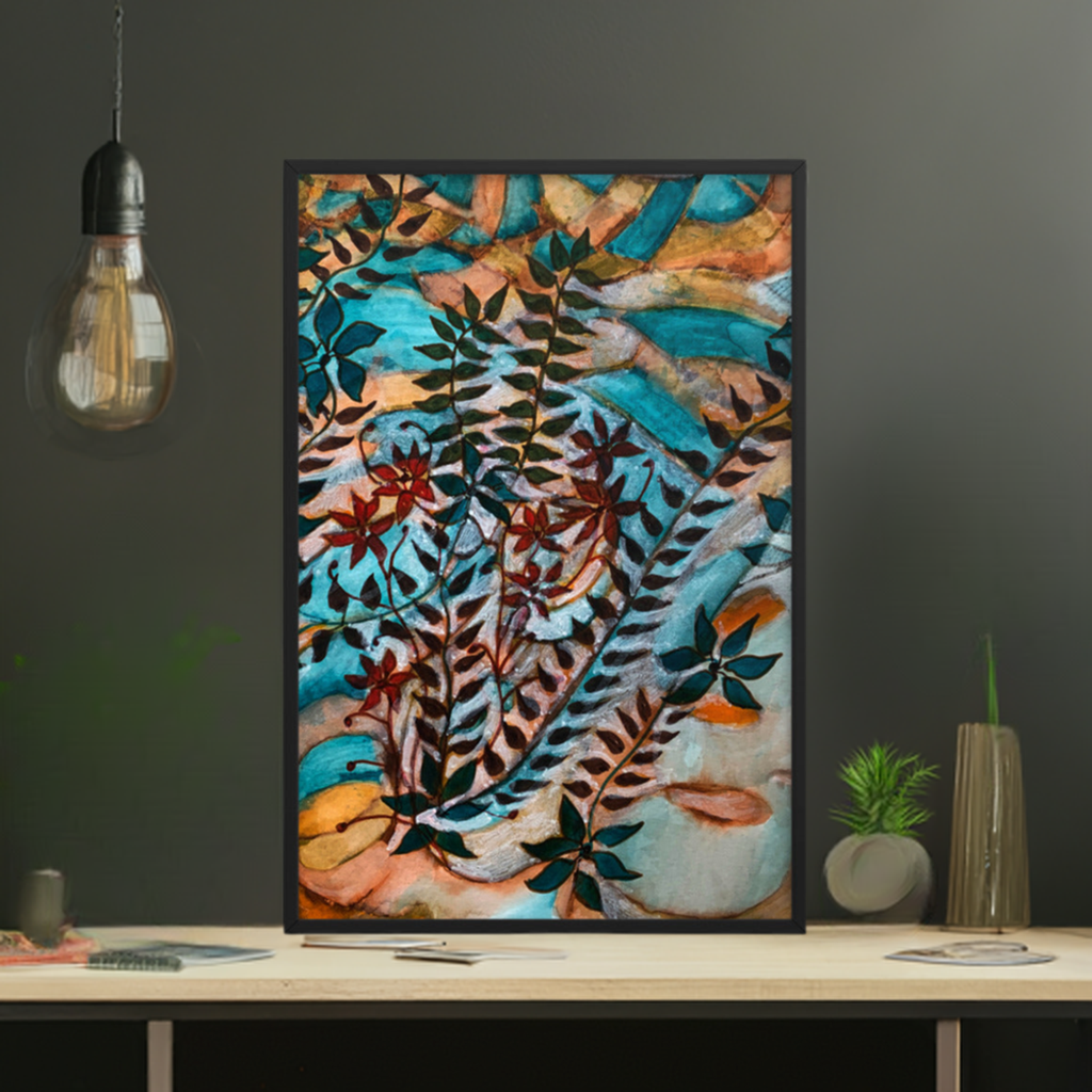 Teal Leaves Abstract Framed Poster