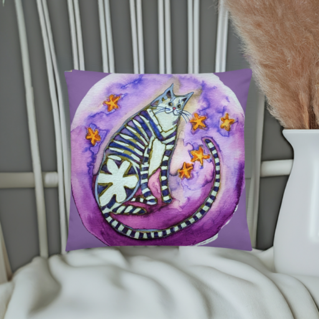 Striped Cat Moon Pillow with purple background and whimsical cat artwork by Joy Calonico
