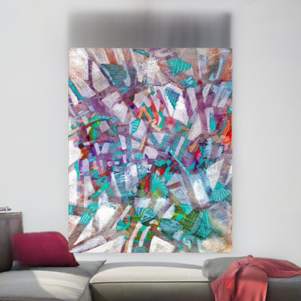 Rising Fog Abstract colorful geometric abstract canvas print by Joy Calonico hanging in modern living room