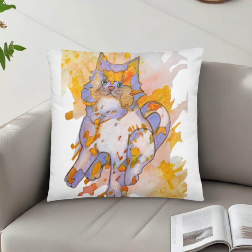 Fluff Cat Pillow with colorful cat artwork by Joy Calonico on a soft, machine-washable polyester case