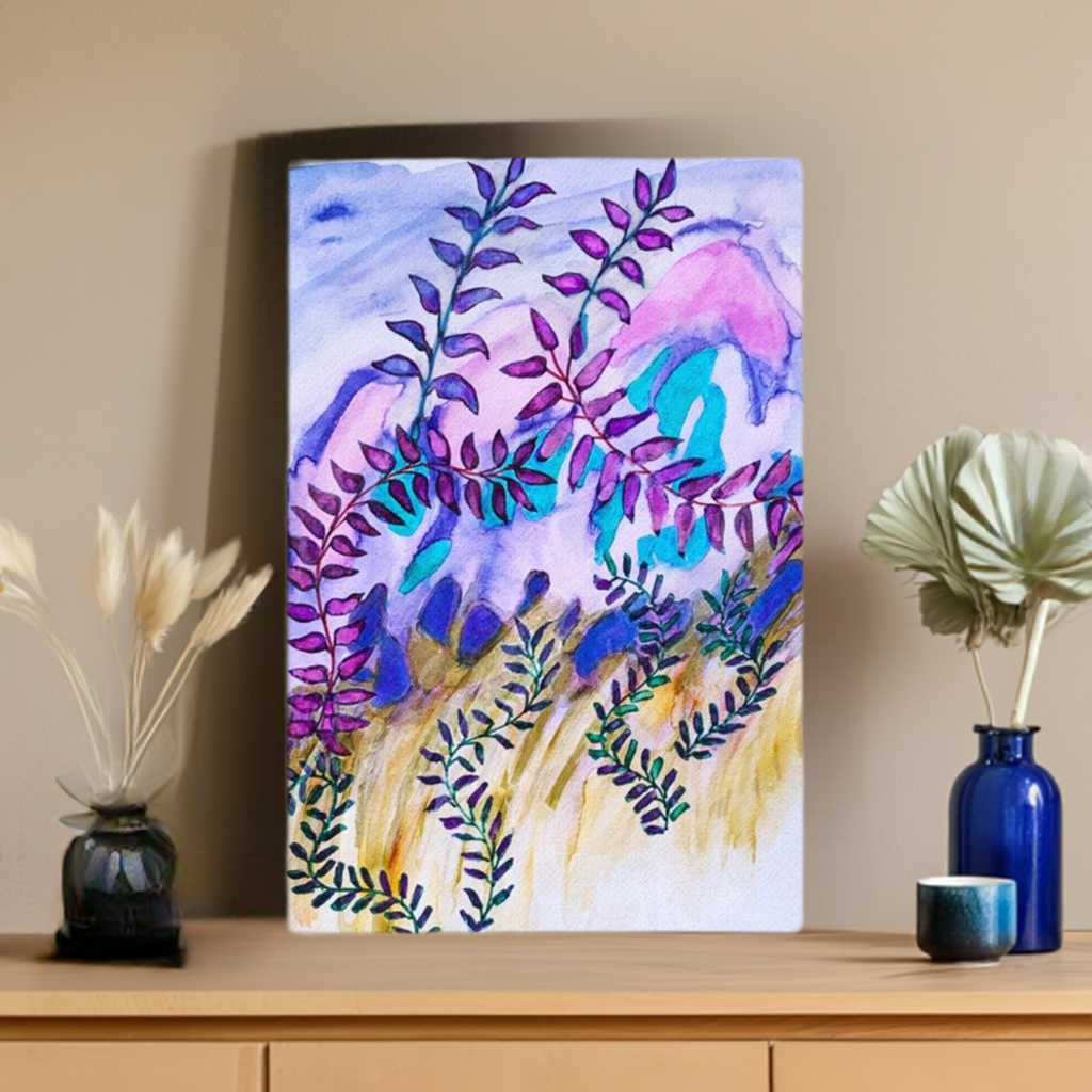 Blue Rocks Leaves canvas print with vibrant purple and blue leaves artwork by Joy Calonico displayed unframed on a beige wall.