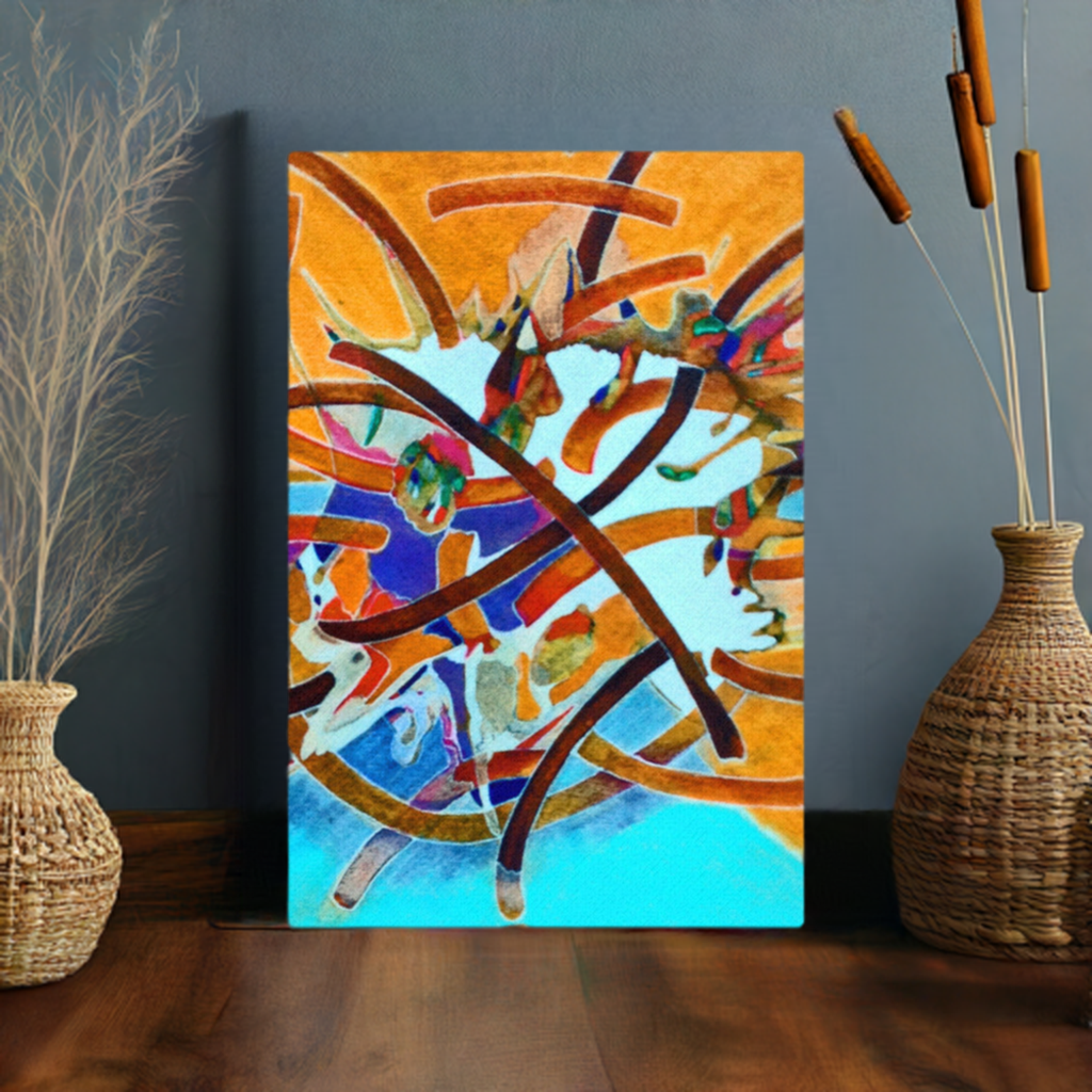 Unexpected Abstract Canvas Print by Joy Calonico with vibrant orange, blue, and brown abstract design on slim unframed canvas.