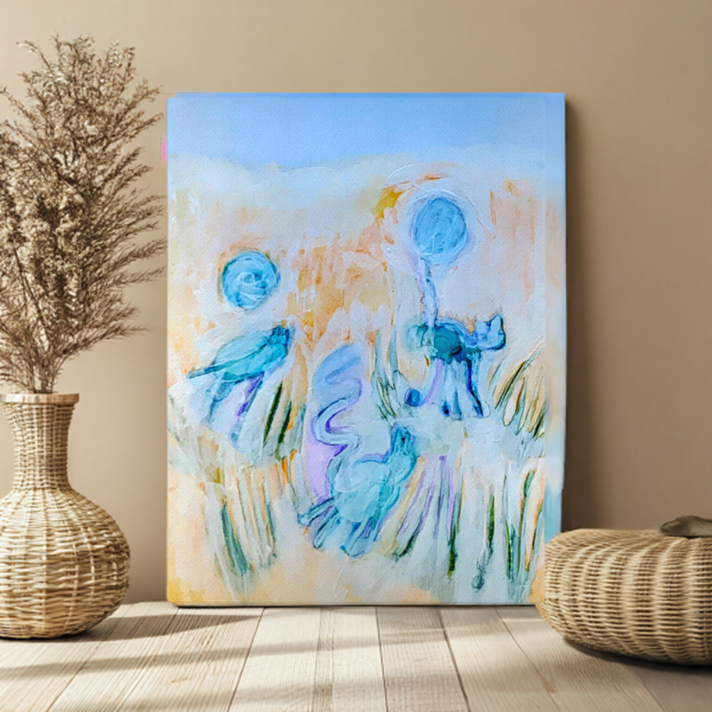 Softly Abstract canvas print with minimalist blue and beige abstract art displayed in a cozy modern room setting