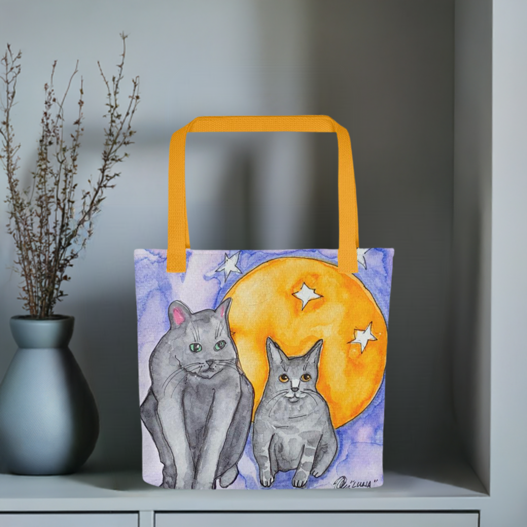 Moon Cats Tote Bag with artwork of two cats and a large yellow moon, spacious 15x15 inch polyester bag with yellow cotton handles