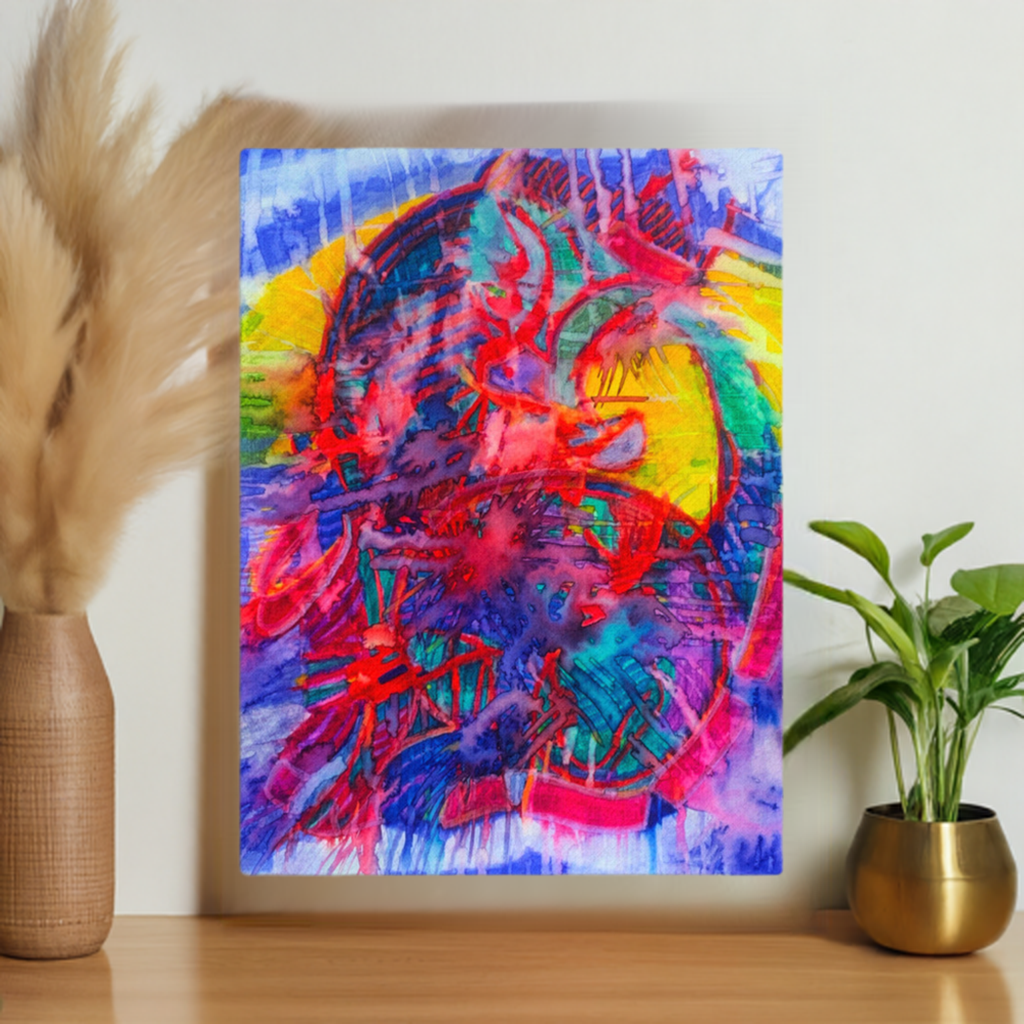 End of the Tunnel abstract canvas print with vibrant red, blue, yellow, and green colors, unframed and ready to hang.