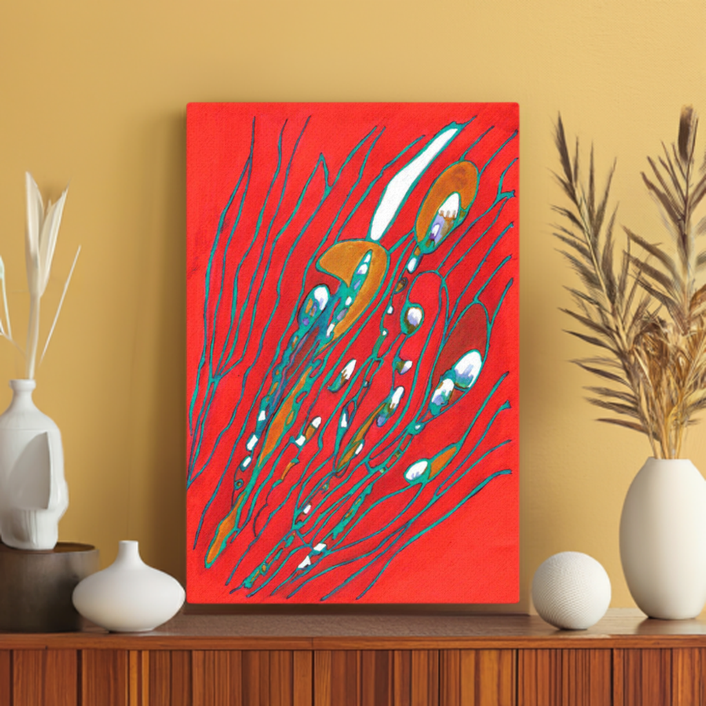 August Abstract Canvas Print by Joy Calonico with bold red and teal abstract design, unframed and slim, displayed on a wooden shelf with decorative vases.