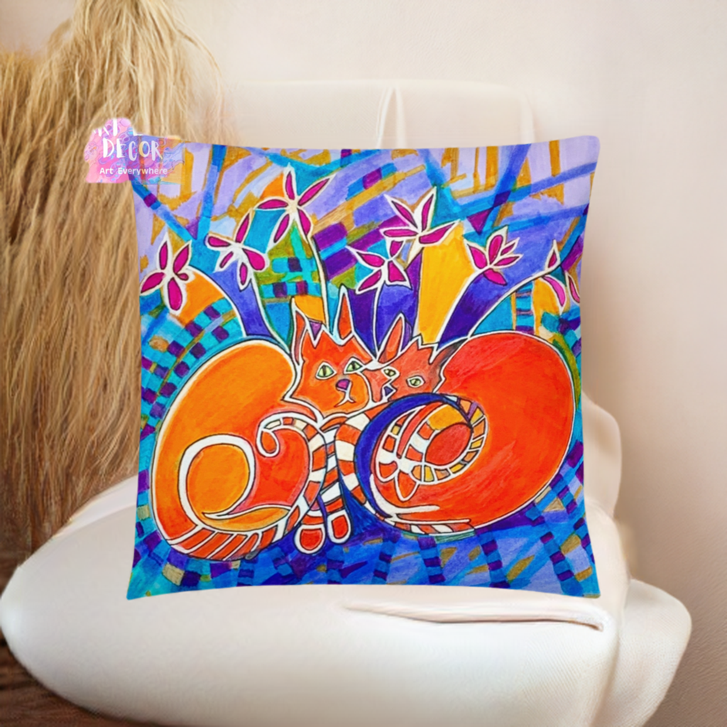 Colorful Duplex Cats Pillow with vibrant abstract cat artwork by Joy Calonico, soft and machine-washable polyester case with shape-retaining insert.