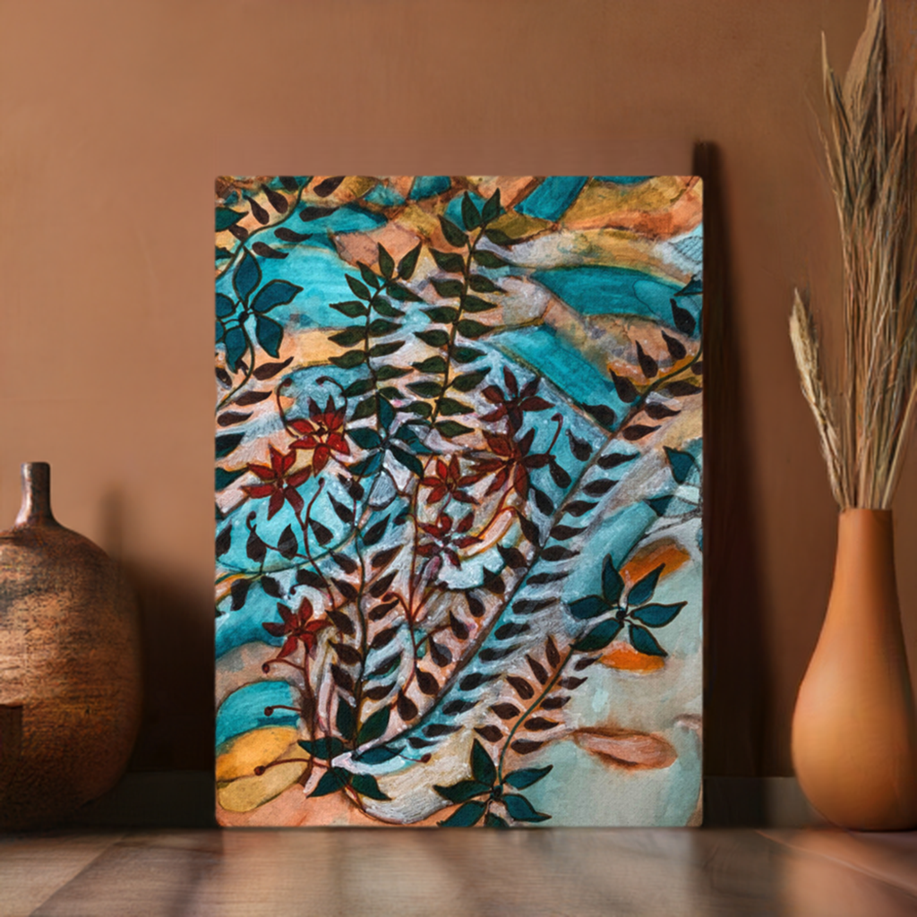 Teal Leaves Canvas Print Unframed