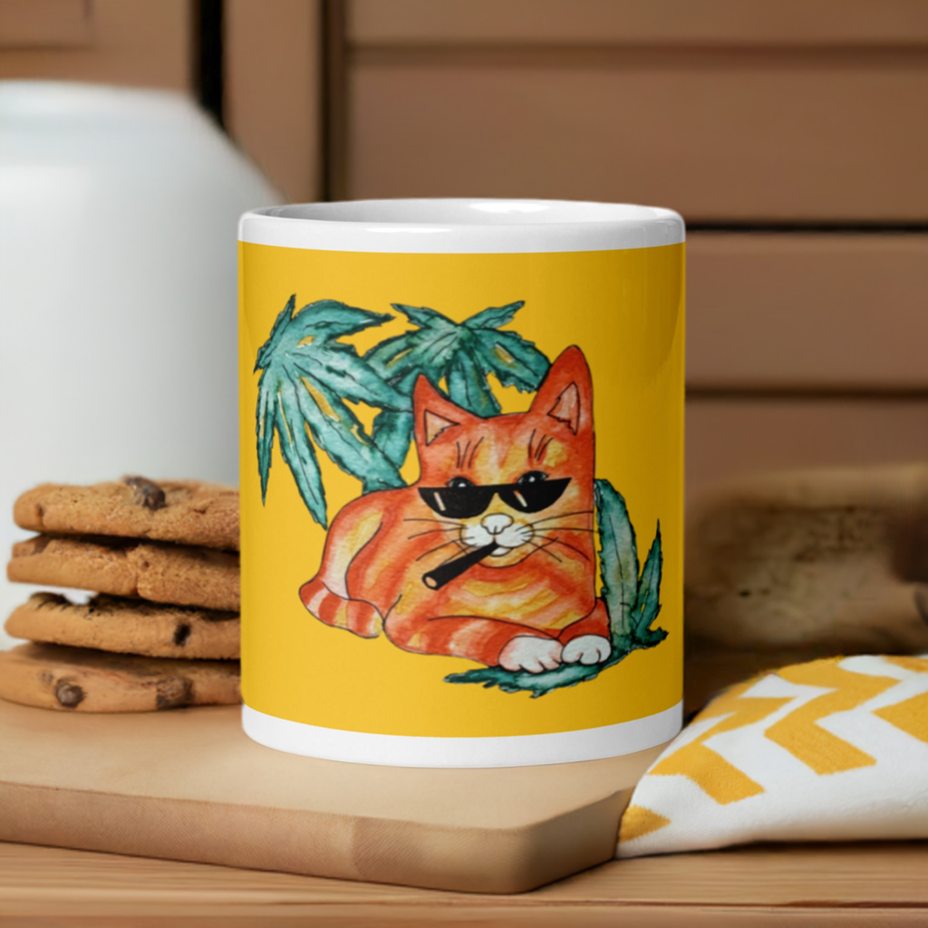 Ceramic mug with cool ginger cat wearing sunglasses and palm leaves on yellow background