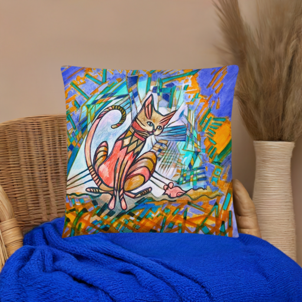 Mouser Cat Pillow with colorful abstract cat artwork by Joy Calonico on a soft, machine-washable polyester case.