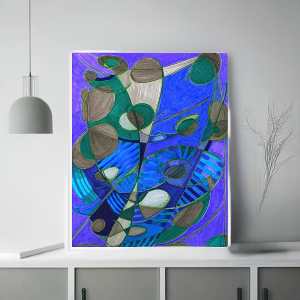 Knot Anymore Abstract framed canvas print with blue and green geometric shapes in pine tree frame on modern white shelf
