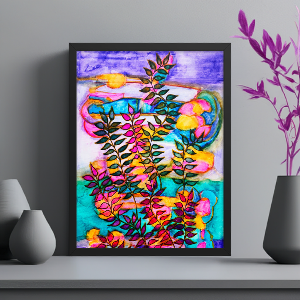 Neon Leaves Framed Canvas