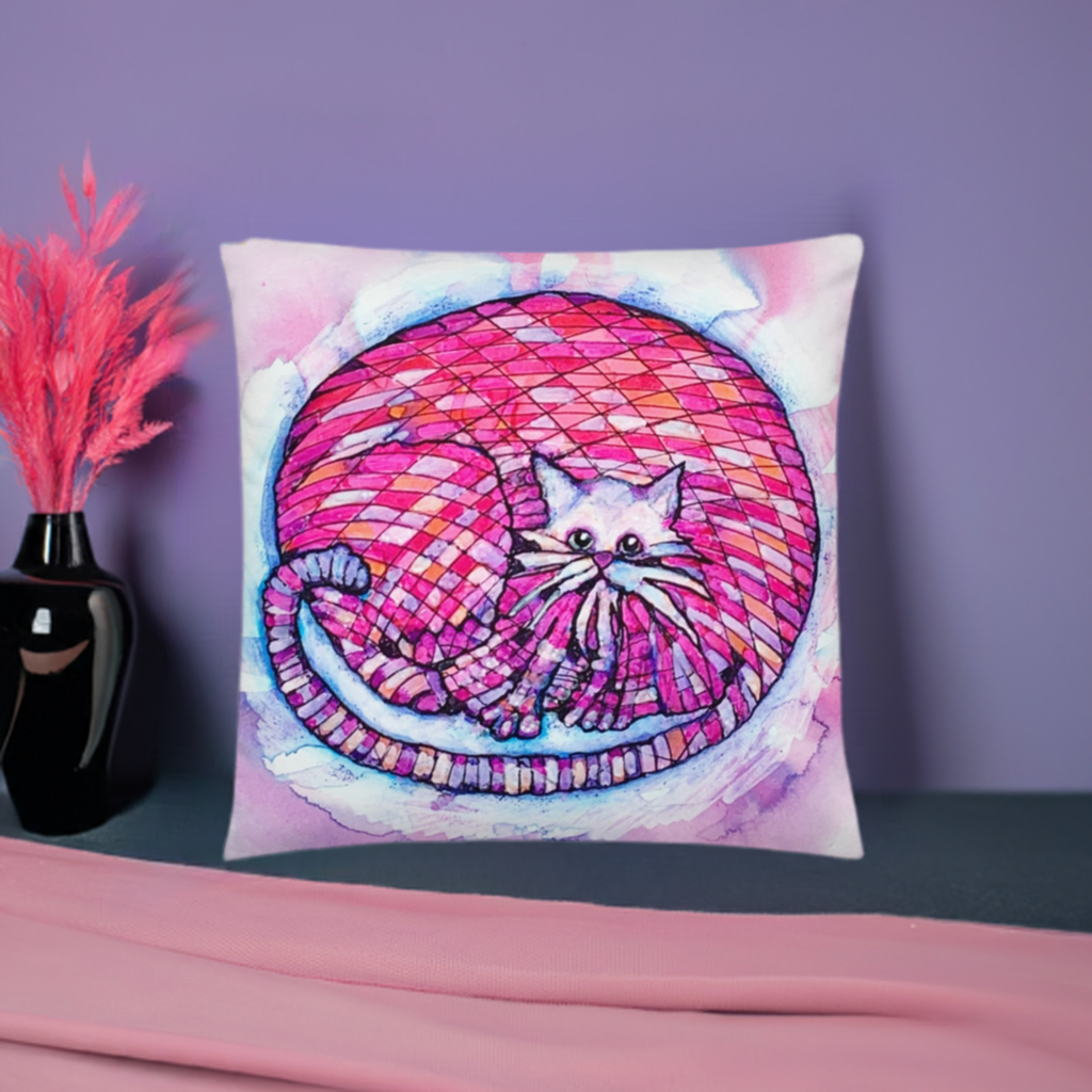 Big pink cat pillow with colorful geometric pattern decorative cushion