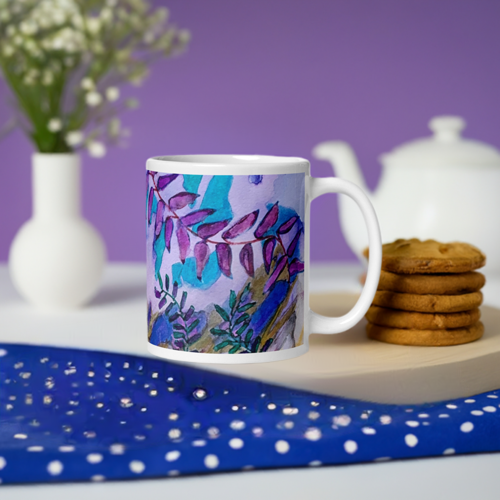 Blue Rock Leaves Abstract White glossy mug