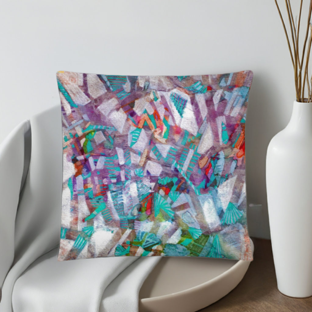 Rising Fog Abstract Pillow with colorful geometric design and machine-washable polyester cover displayed on chair
