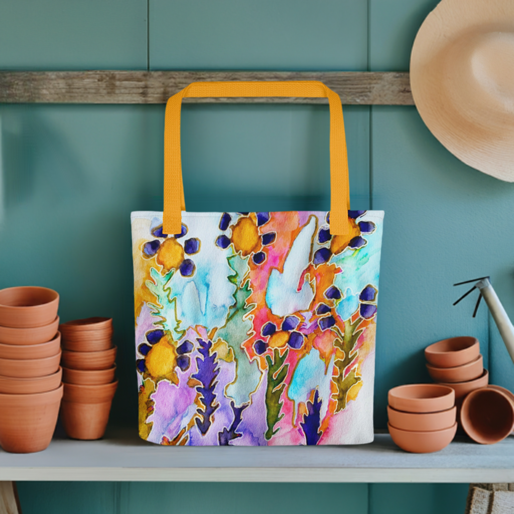 Dark Blooms Abstract Tote Bag with colorful floral design and yellow handles hanging on wooden rack with terracotta pots and hat nearby
