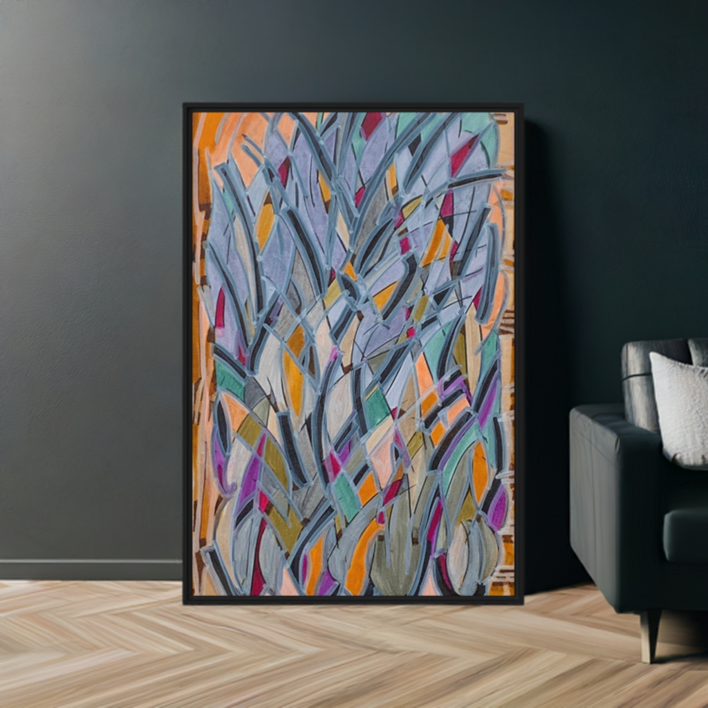 Sydney Opera Abstract framed canvas print with colorful abstract design on dark wall in modern living room