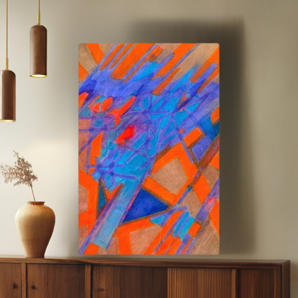 Hot Date Abstract Canvas print with vibrant orange and blue geometric shapes hanging unframed on a beige wall above a wooden sideboard with decorative vases