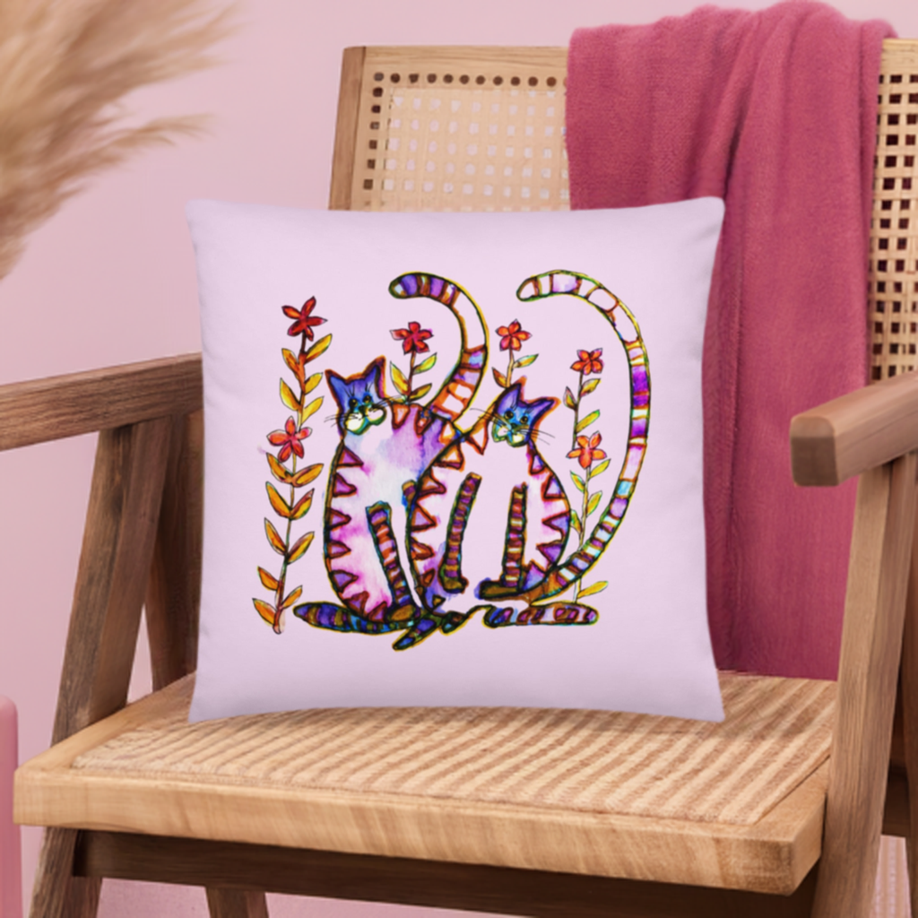 Two Cats Pink Pillow