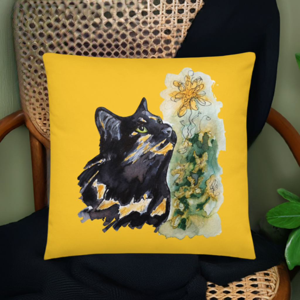 Calico Cat Yellow Pillow