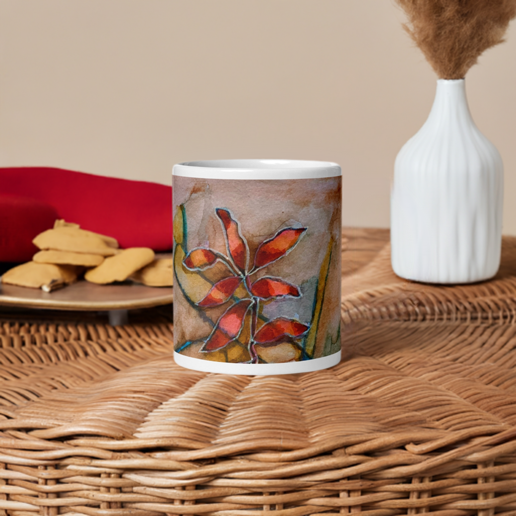 Red Leaves Abstract White glossy mug