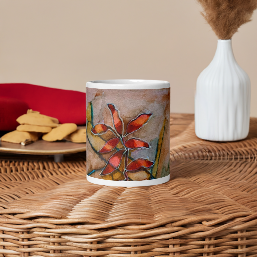 Red Leaves Abstract White Glossy Mug