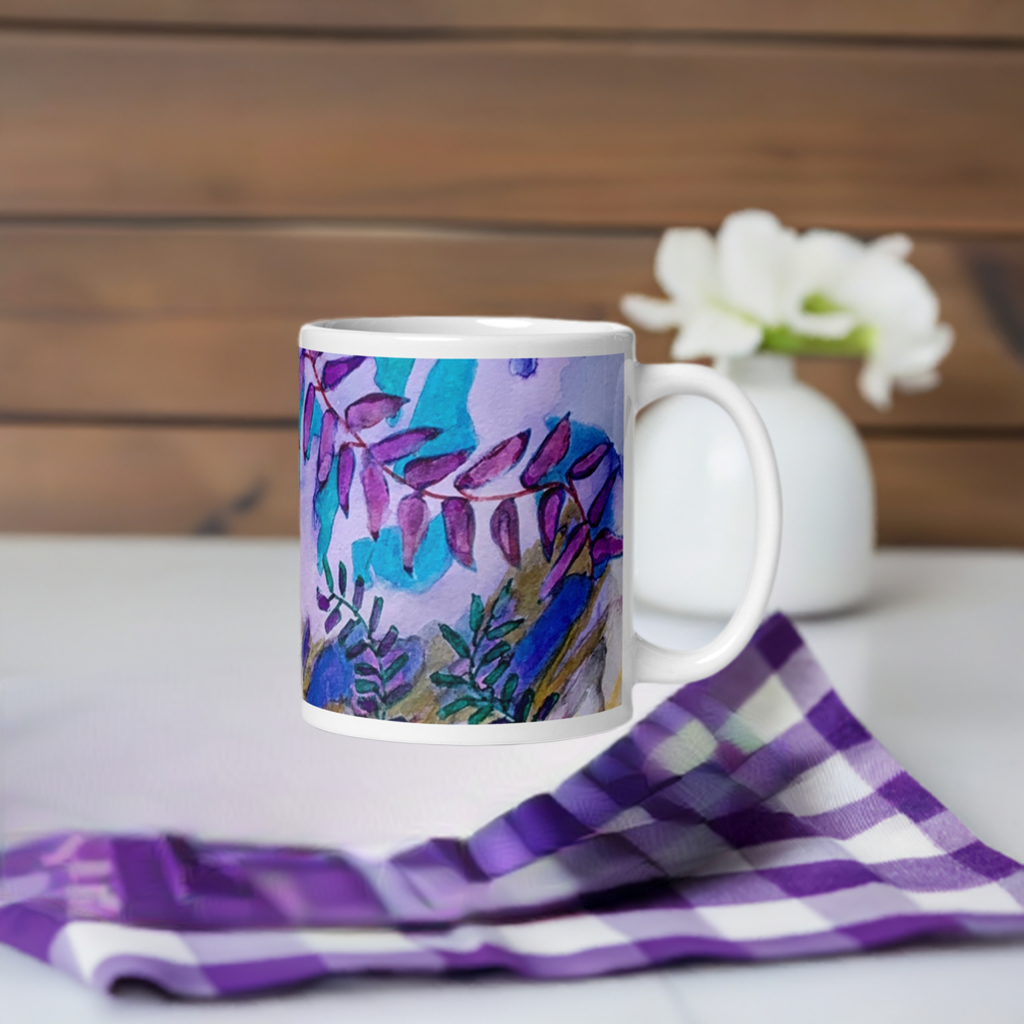 Blue Rock Leaves Abstract White glossy mug
