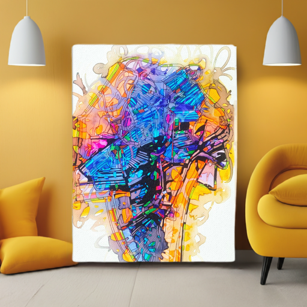 Dark Places abstract canvas print featuring vibrant blue and orange abstract shapes, modern unframed wall art with built-in mounts, displayed in stylish living room decor