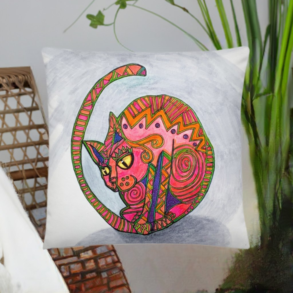 Colorful abstract cat design on soft Cat Shadow Pillow with machine-washable cover and hidden zipper