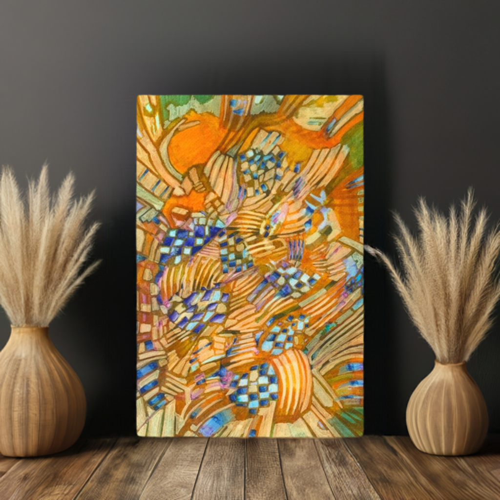 No Parking Abstract colorful geometric abstract canvas print by Joy Calonico displayed on wooden floor between vases with dried pampas grass against dark wall