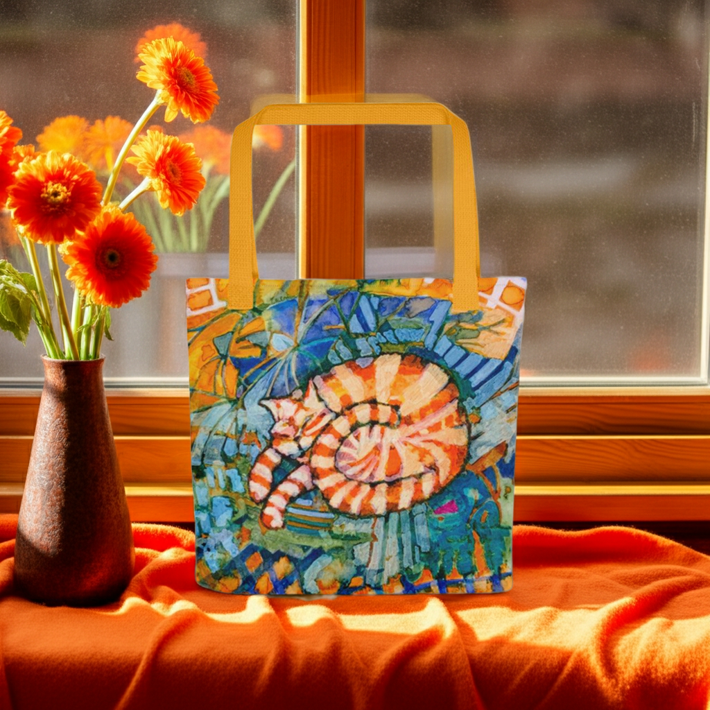 Sleeping ginger cat tote bag with colorful artistic design and yellow handles on orange fabric near window with orange flowers